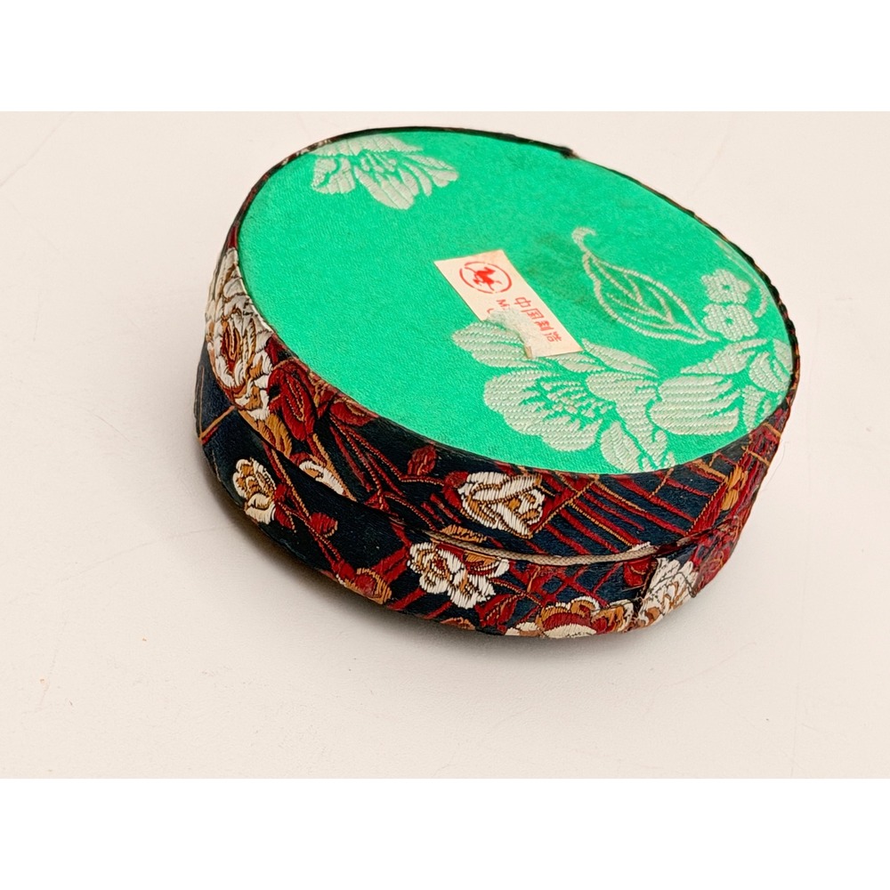 Vintage Chinese Silk Brocade Round Trinket Jewelry Box Floral Navy Red 3 Inch - Picture 5 of 8